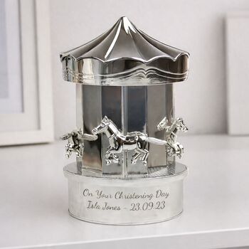 Personalised Money Box Silver Carousel Christening Gift For Children, 8 of 8