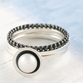 Pearl Stacking Ring Set. Oxidised Sterling Silver, 3 of 8