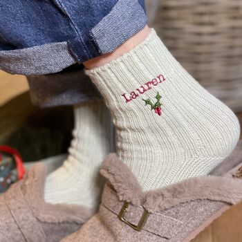 Embroidered Holly Christmas Socks, 4 of 6