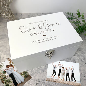 Personalised White Wooden Engraved Wedding Keepsake Memory Box, 4 of 9