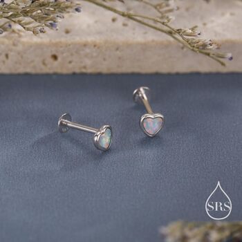 White Opal Heart Screw Back / Flat Back / Stud Earrings In Sterling Silver, 7 of 12