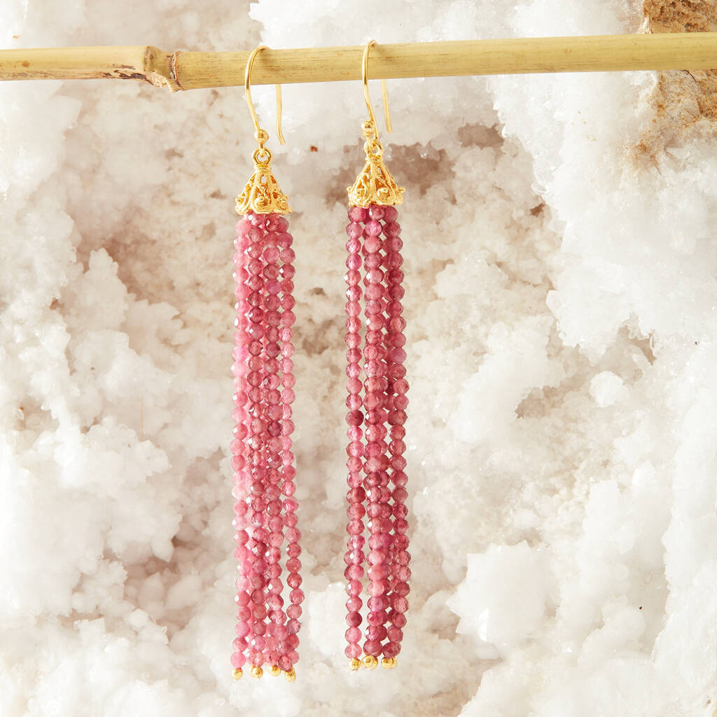 Black Gemstone Beaded Tassel Drop Earrings By Rochejewels