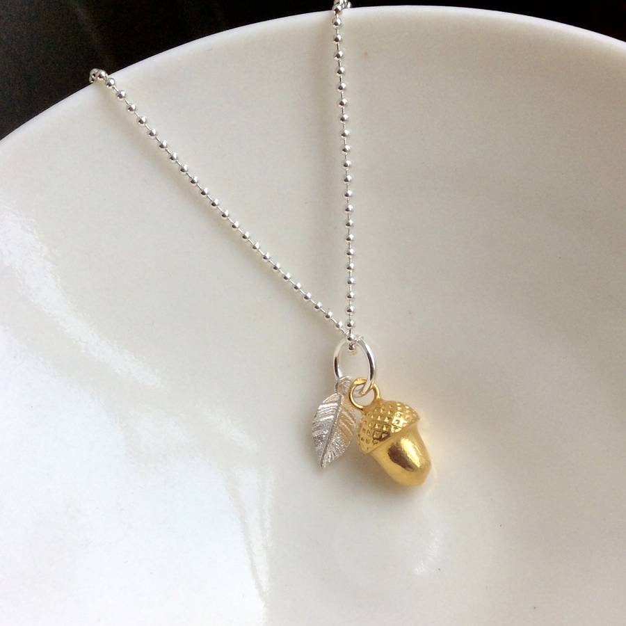 gold acorn with silver leaf necklace by lime tree design ...