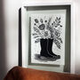 Flowers In Welly Boots Hand Printed Lino Print Wall Art, thumbnail 3 of 3