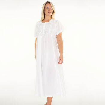 Women's White Cotton Victorian Short Sleeve Nightdress Front Panel, 2 of 4