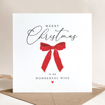 Christmas Card For Wife / Husband: Festive Red Bow And Red Heart Design, 6 of 12