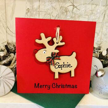 Personalised Reindeer Christmas Card Wooden Decoration, 5 of 9