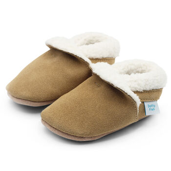 Dotty Fish Tan Soft Suede Baby And Toddler Slippers, 6 of 8