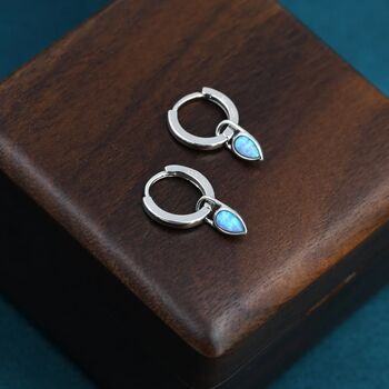Blue Opal Dagger Huggie Hoop Earrings Sterling Silver, 2 of 11