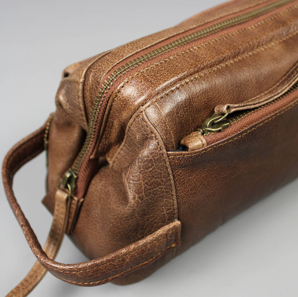 personalised leather wash bag by vintage child personalised leather wash bag by vintage child