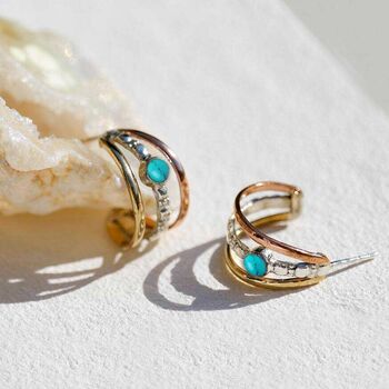 Maharani Pearl/Turquoise Triple Hoop Silver Earrings, 5 of 10