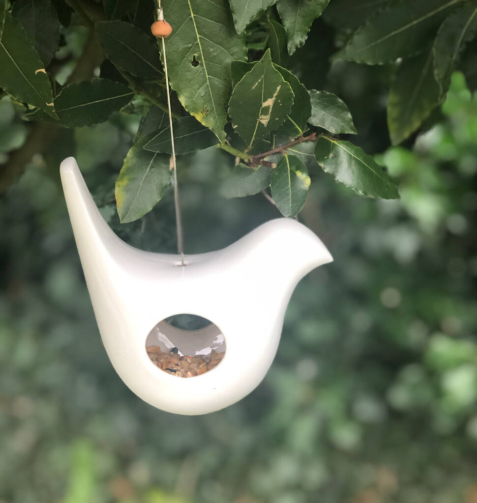 Hanging Frost Proof White Ceramic Bird Feeder, 1 of 4