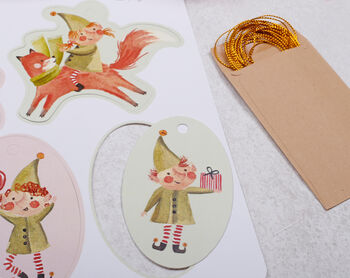 14 Christmas Gift Tags With Sant And Elf Design And Gold Twine, 2 of 4