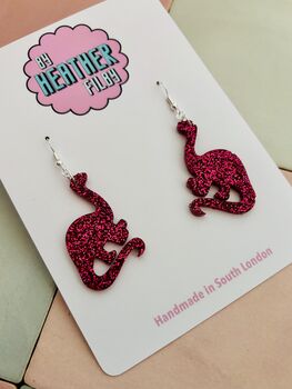 Pink Brontosaurus Dinosaur Glitter Resin Earrings / Gift For Dino Lover / Colourful Animal Jewellery / Fun Accessories, 2 of 5