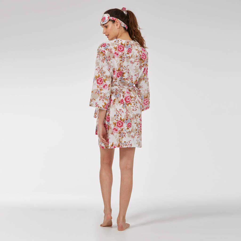 Short Cotton Robe In 'White Beautiful' Rose Print By Caro London