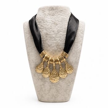Satin Tie Striking Teardrop Necklace With Textured Gold Pendants, 7 of 7