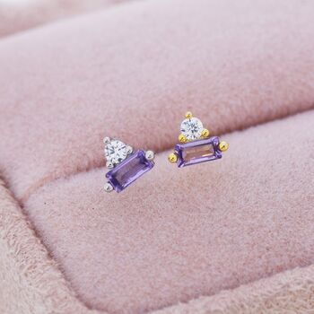 Lilac Purple Baguette And Round Cz Stud Earrings, 7 of 12
