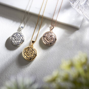 Round Filigree Locket And Sapphire Stone 18k Gold Plate, 6 of 10