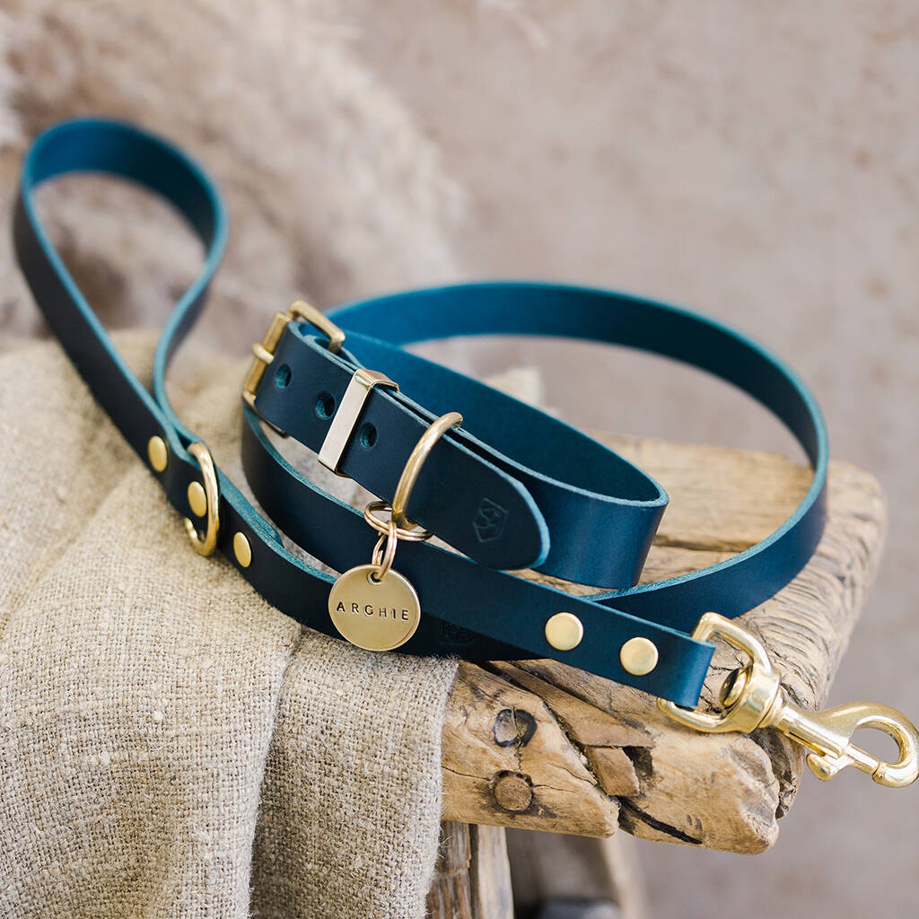 Blue Leather Dog Collar, Lead And Personalised Name Tag By The Stately Hound