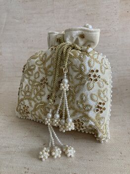 White Velvet Handcrafted Potli Bag, 5 of 10