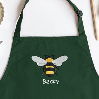 Personalised Embroidered Bee Apron In Bottle Green, 2 of 5