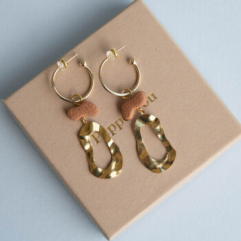 Groovy Brass Drop Hoop Earrings With Colourful Clay Charm, 2 of 10