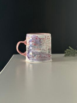 Handmade Ceramic Mug With Asemic And Pastel Brushwork, 3 of 5