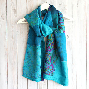 Teal Kantha Stitch Handmade Silk Scarf, 2 of 6