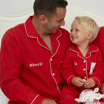 Personalised Matching Red Christmas Pyjamas For Dad And Child, 6 of 7