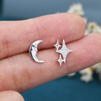 Sterling Silver Moon Face And Stars Stud Earrings, 3 of 6