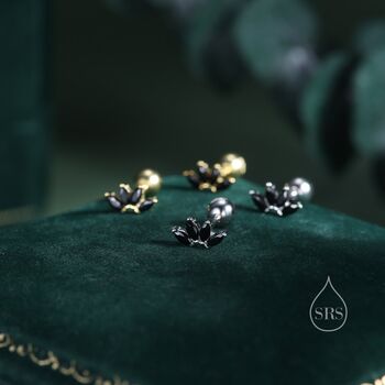 Sterling Silver Black Cz Lotus Flower Screw Back Earrings, 7 of 12