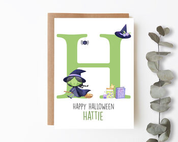 Personalised Kids Halloween Card Green Witch, 2 of 3