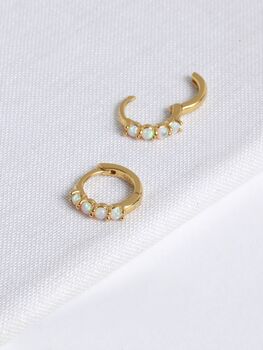 18 K Gold Plated Opal Huggie Hoop Earrings, 6 of 10