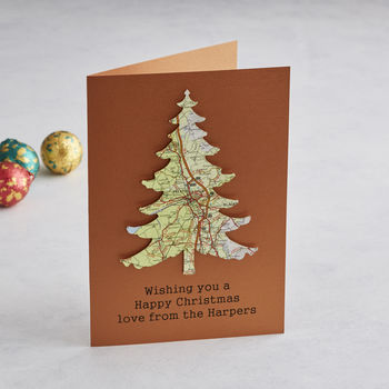 Personalised Copper Map Location Christmas Tree Card, 2 of 3