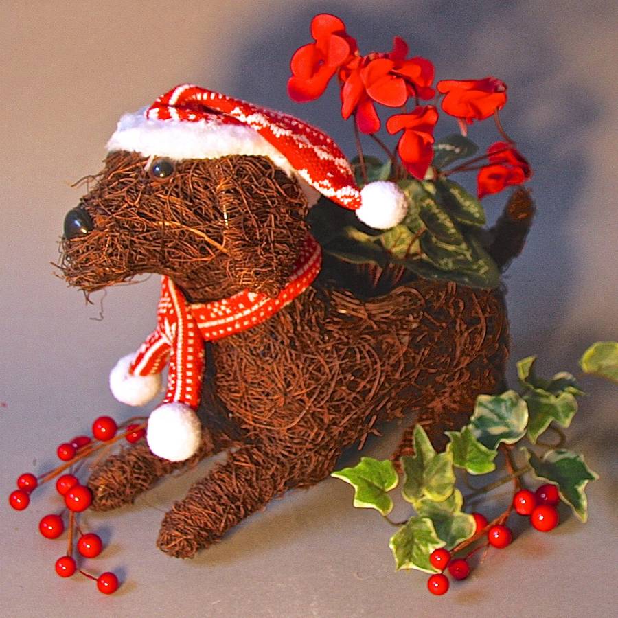 Christmas Puppy Planter With Optional Faux Cyclamen