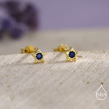Tiny Sapphire Blue Cz Star Stud Earrings In Sterling Silver, 5 of 12