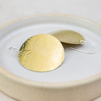 Sterling Silver And Brass Large Circle Textured Disc Earrings, 2 of 3