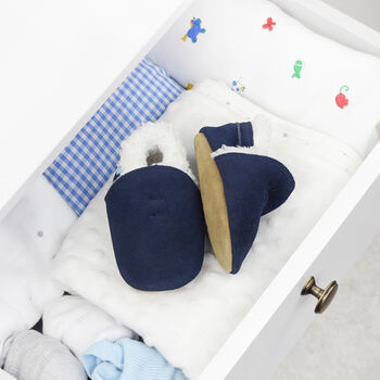 Dotty Fish Navy Soft Suede Baby And Toddler Slippers, 4 of 8