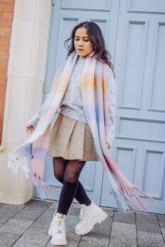 Pink Blue Plaid Warm Wrap Scarf, 8 of 8