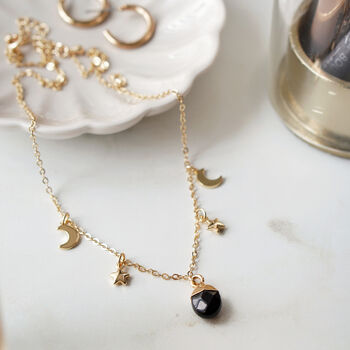 Gold Plated Black Obsidian Moon And Stars Necklace, 3 of 5