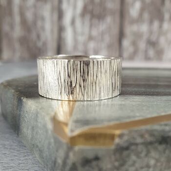 Handmade Superwide Bark Hammered Silver Band Ring, 4 of 6