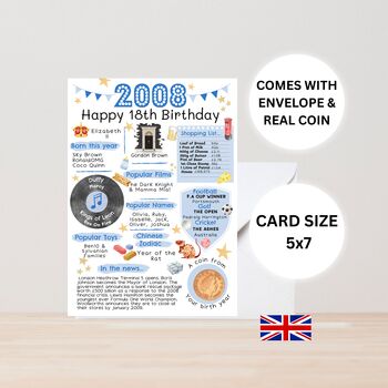 18th Birthday Card With 2008 Coin And Envelope Choose Your Colour, 2 of 3
