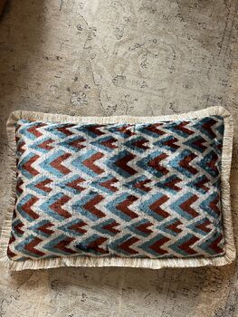 Modern, Oblong, Velvet, Ikat, Cushion With Silk Tassels Brown, Blue, Cream Herringbone Pattern Design, 6 of 10