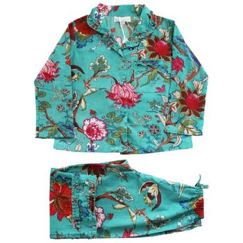 Children's Teal Exotic Flower Print Cotton Pyjamas, 4 of 4