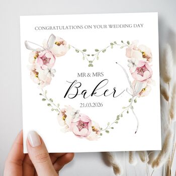 Floral Wedding Day Floral Wreath Card, Mr And Mrs Heart Wedding Card, 2 of 3