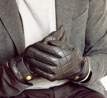 Men's Quilted Leather Gloves With Strap Detail, 7 of 12