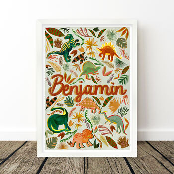Personalised Dinosaur Nursery Name Print | Hand Painted Prehistoric Wall Art | New Baby Gift, 12 of 12
