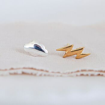 Tiny Sterling Silver Mismatched Lightning And Cloud Stud Earrings, 3 of 10