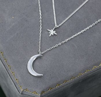 Sterling Silver Two Layer Crescent Moon And Star Pendant Necklace, 7 of 12