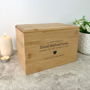 Personalised Bamboo Urn For Cremation Ashes Name And Icon Design, 2 of 12